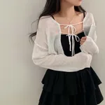 Shawl Tie-front Top Korean Style Solid Color Sweater - White