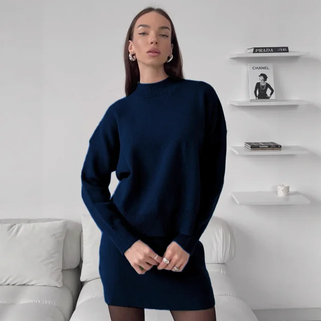 Multi Color Temperament Crew Neck Commuting Suit Navy Blue - Shop at LoveMi