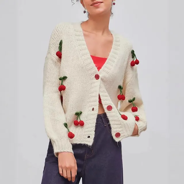 Cherry Decorative Single breasted Knitted Coat Top Women White - Shop at LoveMi