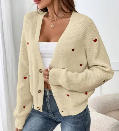 European And American Autumn And Winter Single breasted V neck Sweater Cardigan Women Beige - Shop at LoveMi