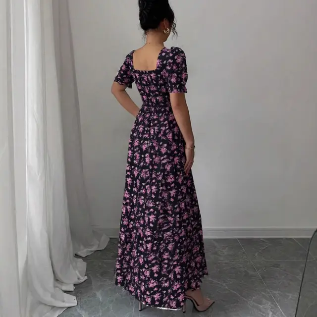 Women's Fashion Elegant U neck Short sleeved Printed Large Swing Dress Deep Purple - Shop at LoveMi