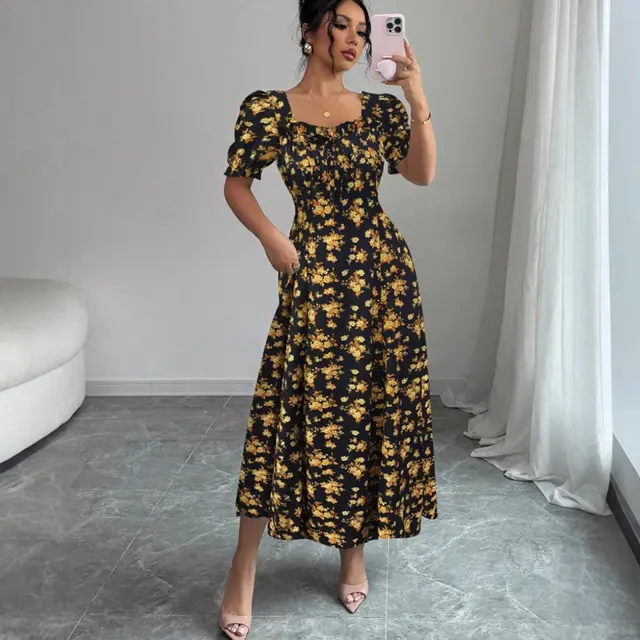 Women's Fashion Elegant U neck Short sleeved Printed Large Swing Dress Gold - Shop at LoveMi