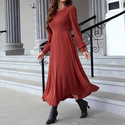 Solid Color Rib Fabric Women's Woolen Dress Brick Red - Shop at LoveMi