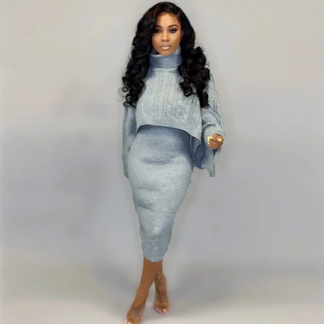 Turtleneck Sweaters Dress Two piece Suit Gray - Shop at LoveMi