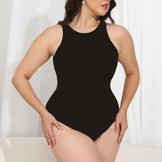 Sleeveless T shaped Tight Soft Round Neck Jumpsuit Nude Feel Tights Black - Shop at LoveMi