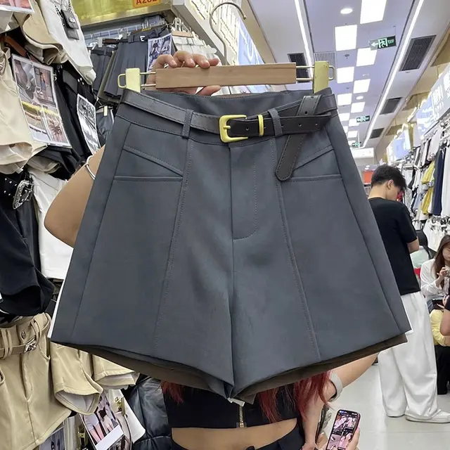 Fashionable Elegant Slimming High Waist Black Casual Shorts Gray Excluding Belt - Shop at LoveMi