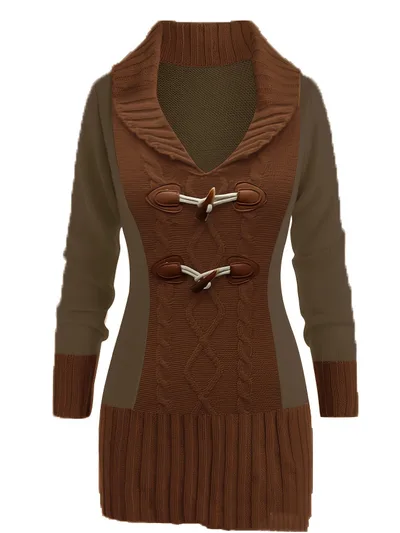Slimming Plus Size Horn Button Knitted Dress Dark Brown - Shop at LoveMi