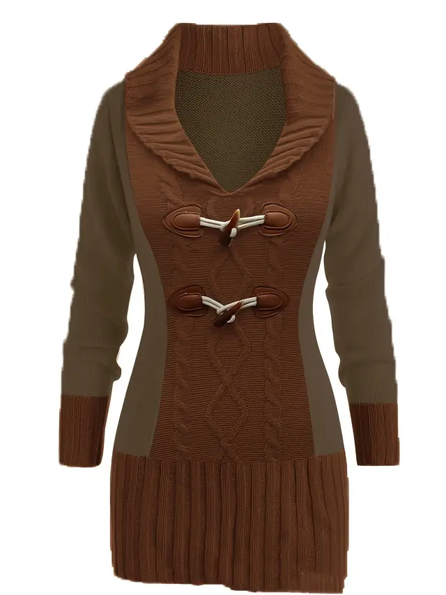 Slimming Plus Size Horn Button Knitted Dress Dark Brown - Shop at LoveMi