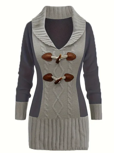 Slimming Plus Size Horn Button Knitted Dress Gray - Shop at LoveMi
