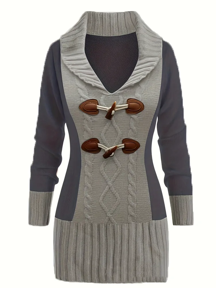 Slimming Plus Size Horn Button Knitted Dress - Grey - View 1