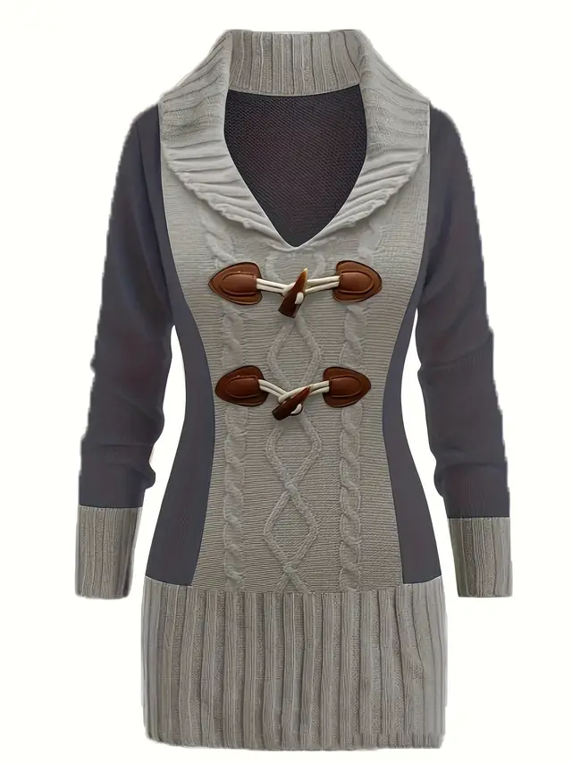 Slimming Plus Size Horn Button Knitted Dress Gray - Shop at LoveMi