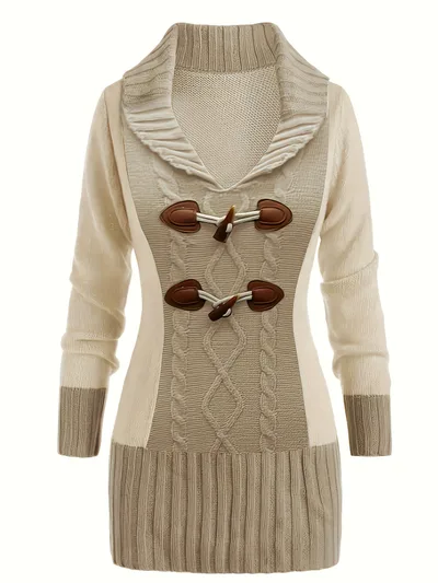 Slimming Plus Size Horn Button Knitted Dress Khaki - Shop at LoveMi