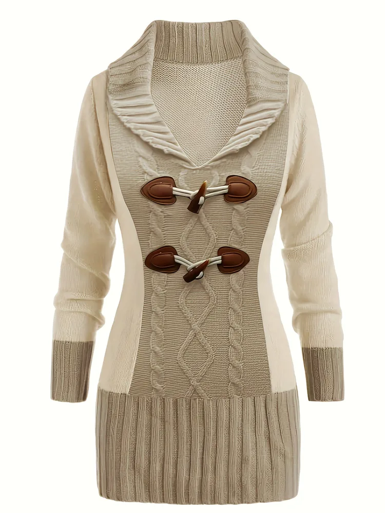 Slimming Plus Size Horn Button Knitted Dress - Khaki - View 1