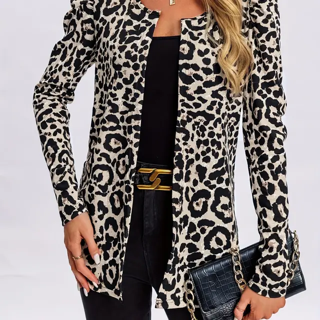 Comfortable Leopard Print Long Sleeve Medium Length Open Off White - Shop at LoveMi
