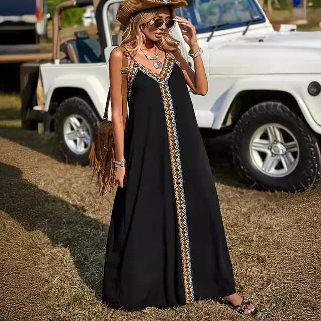 Bohemian Style V neck Casual Camisole Dress Black - Shop at LoveMi