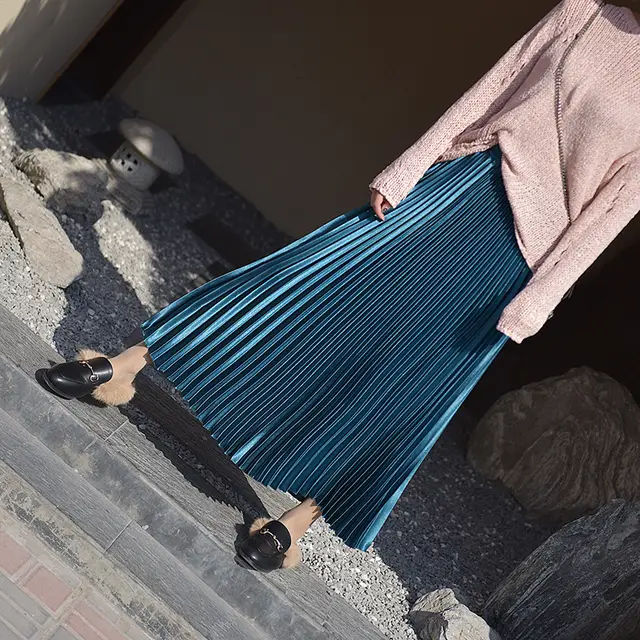 Pleated Skirt Skirt Spring And Summer New High Waist Retro Fashion Peacock Green - Shop at LoveMi