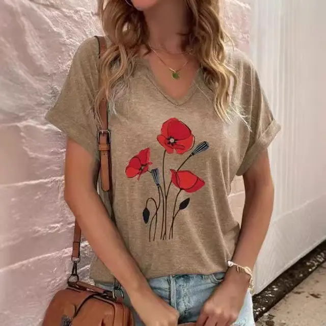 Short Sleeve Plus Size Women's Clothing Printed V neck Pullover Khaki - Shop at LoveMi