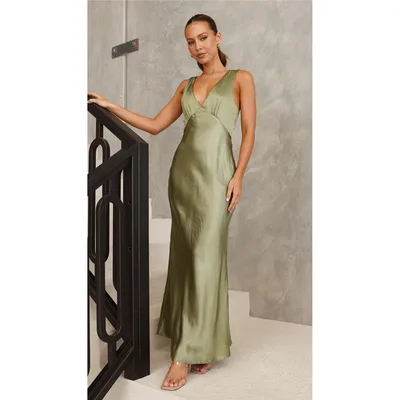 Women's Clothing Solid Color And V neck Slim Fit Dress Matcha - Shop at LoveMi