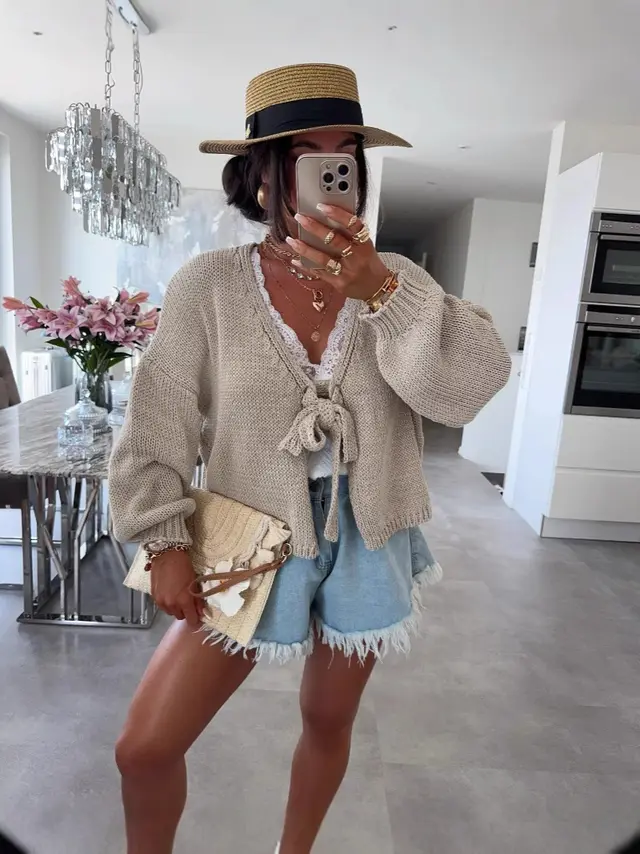Short Thick Needle Bow Bandage Reverse Cardigan Jacket Light Khaki - Shop at LoveMi