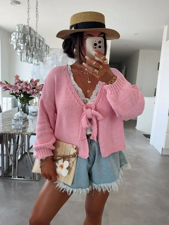 Short Thick Needle Bow Bandage Reverse Cardigan Jacket Pink - Shop at LoveMi