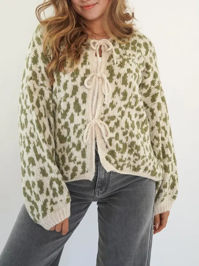Round Neck Tied Leopard Print Knitted Cardigan Sweater Green - Shop at LoveMi