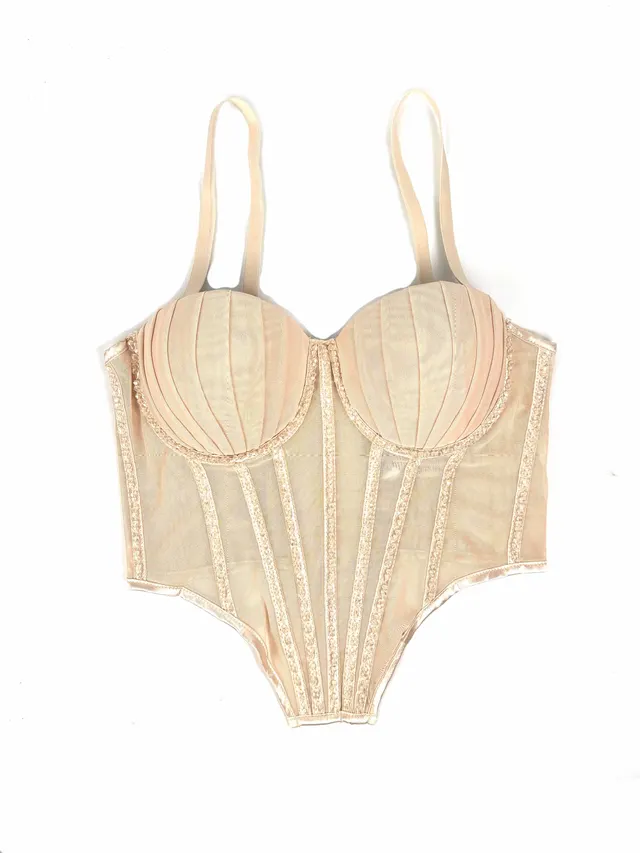 Sexy Mesh With Braces And Breast Pad Can Be Worn Outside Rhinestone Fishbone Plastic Bra Apricot - Shop at LoveMi