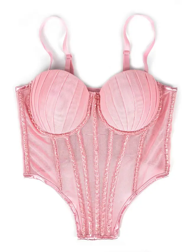 Sexy Mesh With Braces And Breast Pad Can Be Worn Outside Rhinestone Fishbone Plastic Bra Pink - Shop at LoveMi