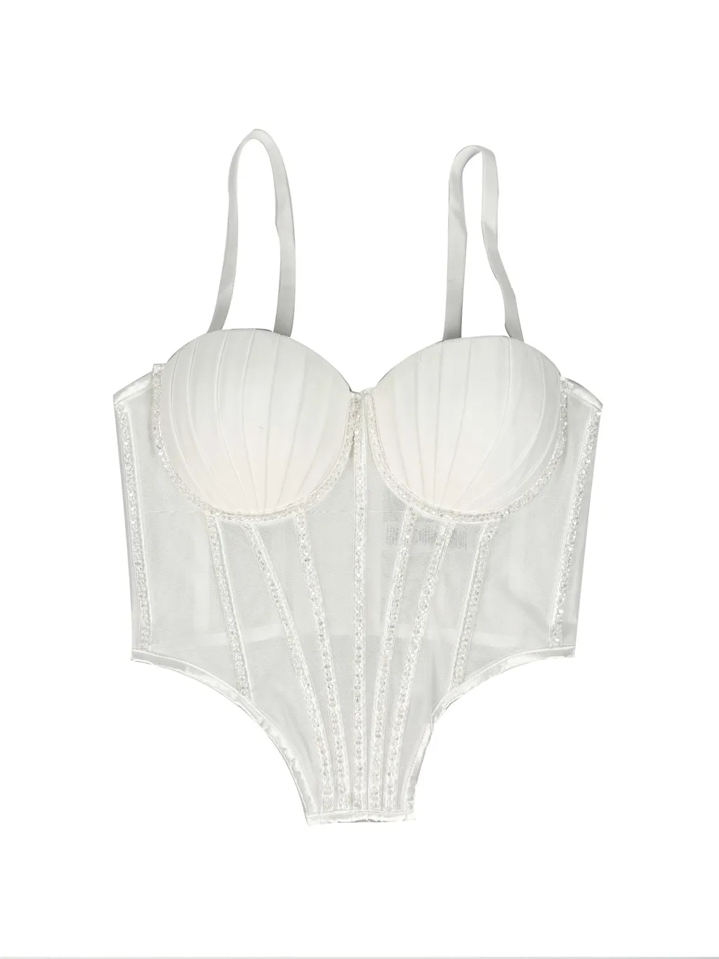 Sexy Mesh With Braces And Breast Pad Can Be Worn Outside Rhinestone Fishbone Plastic Bra - White