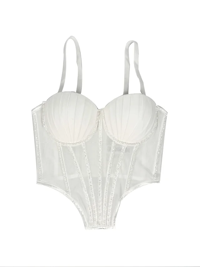 Sexy Mesh With Braces And Breast Pad Can Be Worn Outside Rhinestone Fishbone Plastic Bra White - Shop at LoveMi