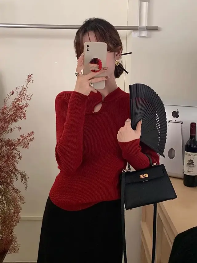 High grade Red Slimming Bottoming Shirt Top Red - Shop at LoveMi