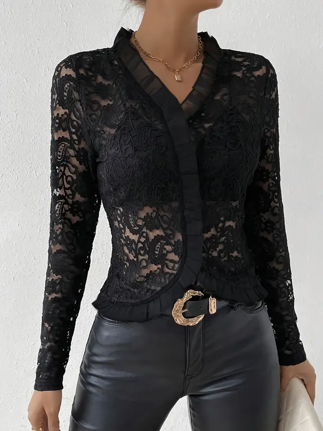 European And American Elegant Ruffled Single Layer Paisley Lace T shirt Black - Shop at LoveMi