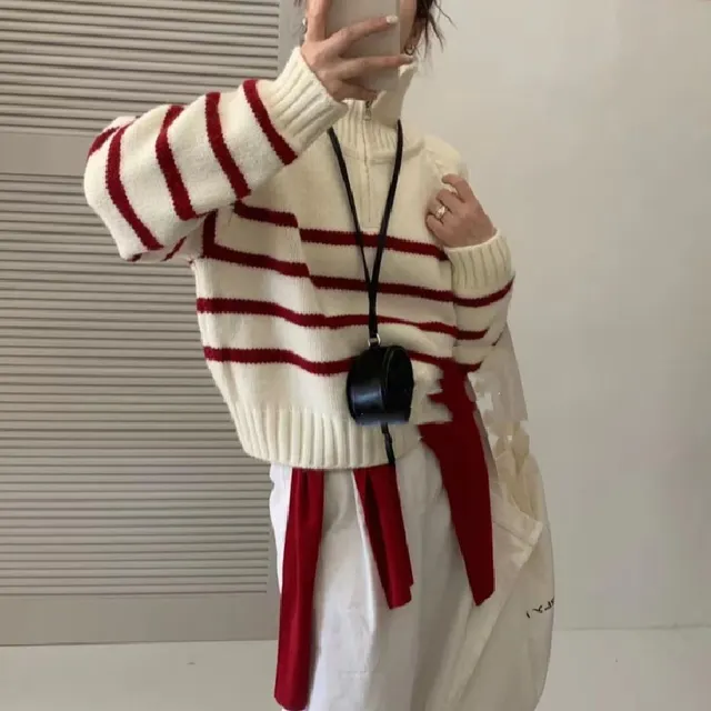 Korean Style Half Turtleneck Zipper Pullover Knitting Vintage Stripe Sweater Red Stripe - Shop at LoveMi