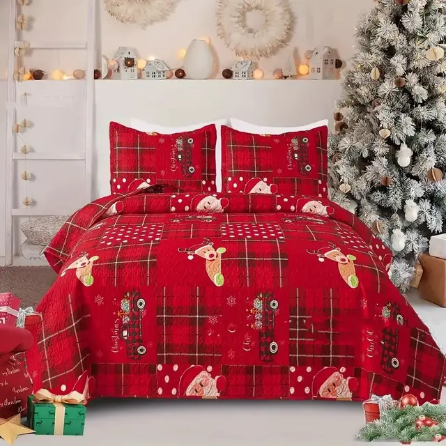 Christmas Peach Skin Fabric Bed Three piece Set Quilt Cover 180X210 - Shop at LoveMi
