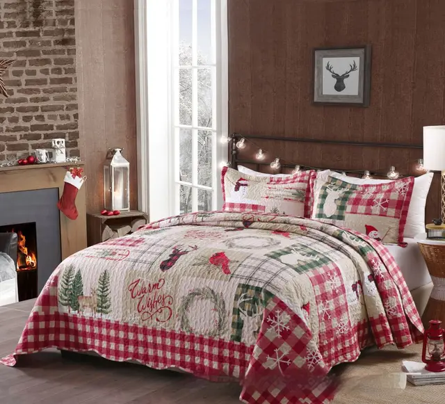Christmas Quiltedtextiles Washed Cotton Three piece Bed Cover Set Christmas Snowman - Shop at LoveMi