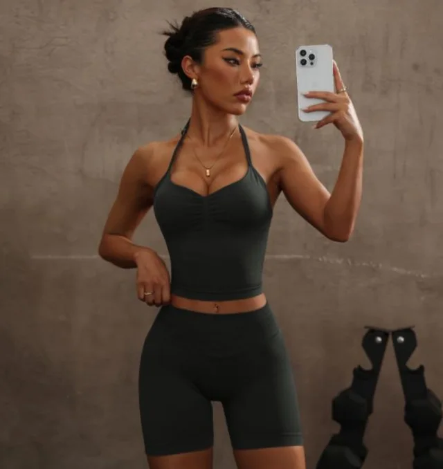 Halter Spaghetti Straps Exercise Vest High Waist Crimp Shorts Suit Dark Gray - Shop at LoveMi