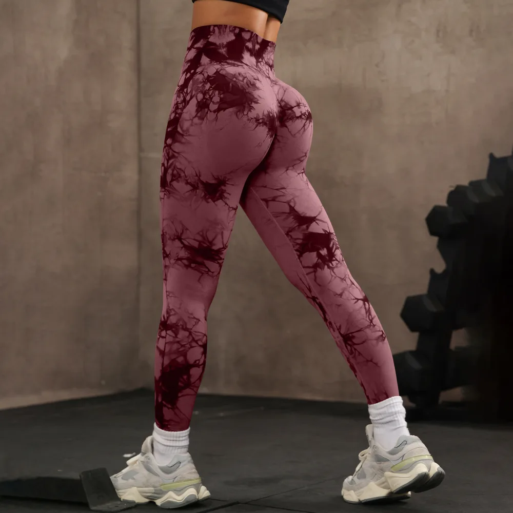 High Waist Tight Yoga Pants Tie-dye Breathable Workout Pants - Wine Red - View 1