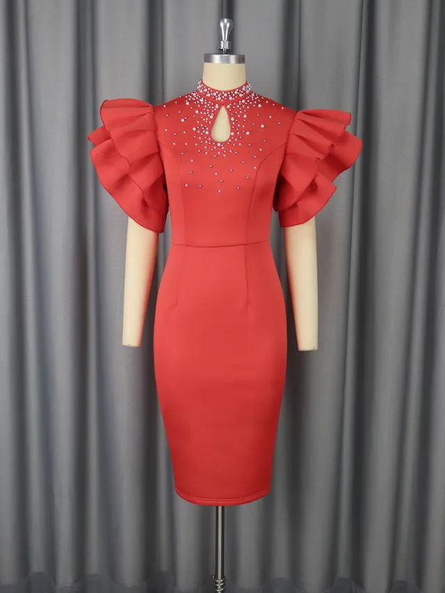 Women's Fashion Summer Ruffles Beaded Dress Red - Shop at LoveMi