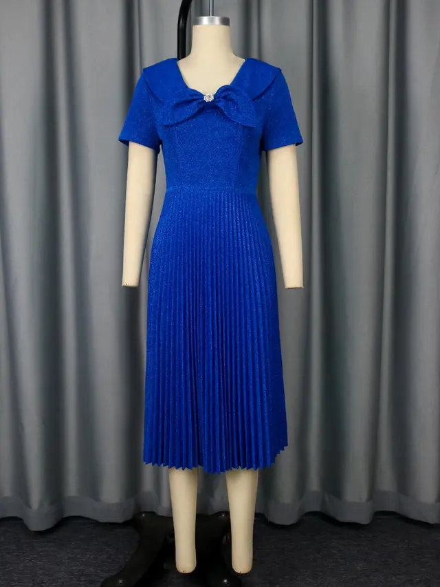 Women's Fashion Bowknot Lapel Short Sleeve Dress Blue - Shop at LoveMi