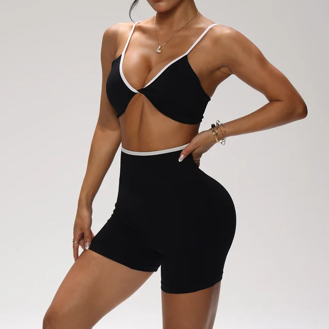 Seamless High Elastic Thread Contrast Color Kinked Bra High Waist Shorts Suit Black - Shop at LoveMi
