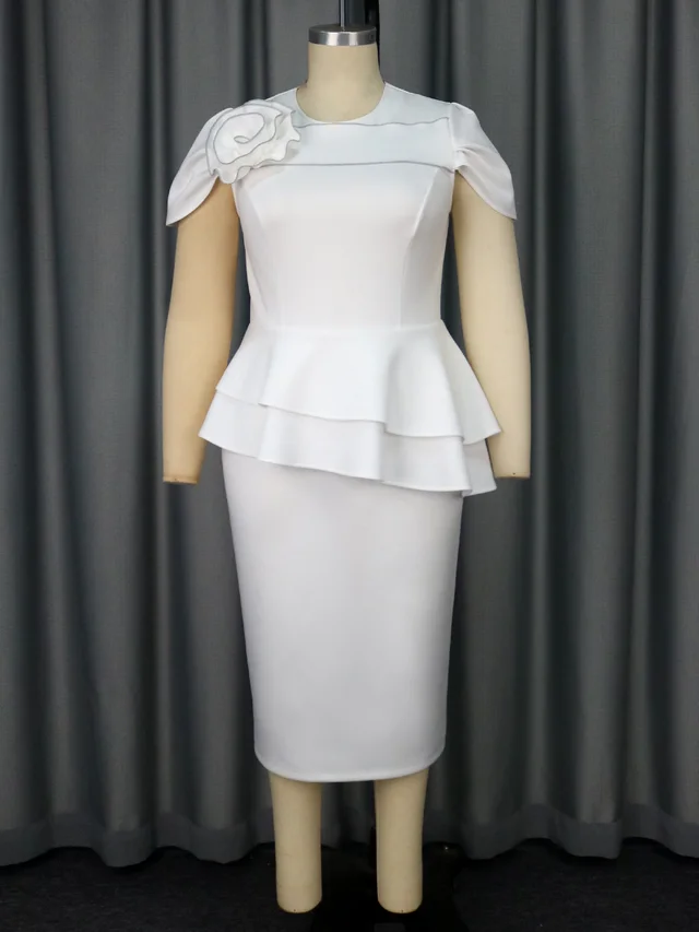 Women's Fashion Round Neck Three dimensional Flower Dress White - Shop at LoveMi