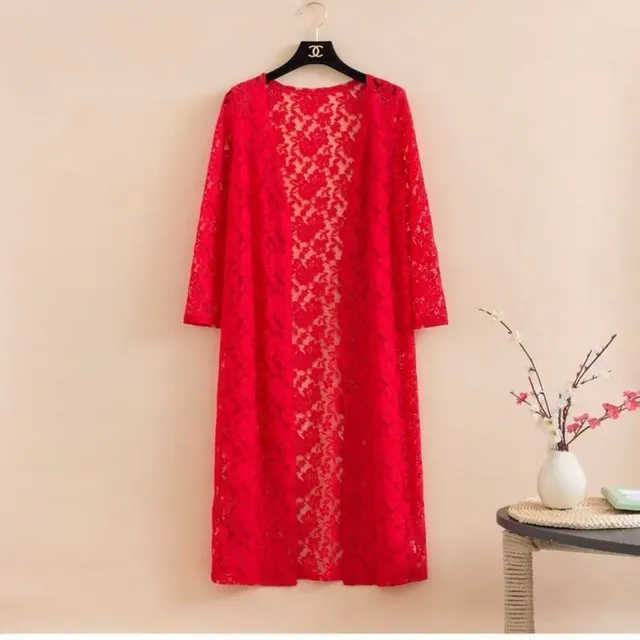 Lace Trench Coat Long Sleeve Shawl Mid length Plus Size 066 Red - Shop at LoveMi
