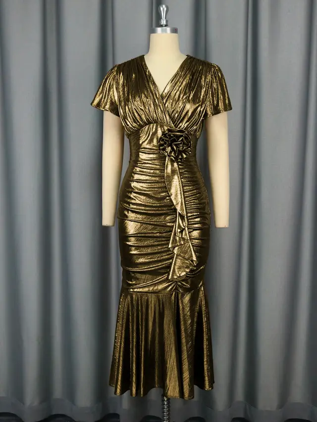 Three dimensional Flower Waist Trimming Fashion V neck Pleated Fishtail Skirt Gold Yellow - Shop at LoveMi