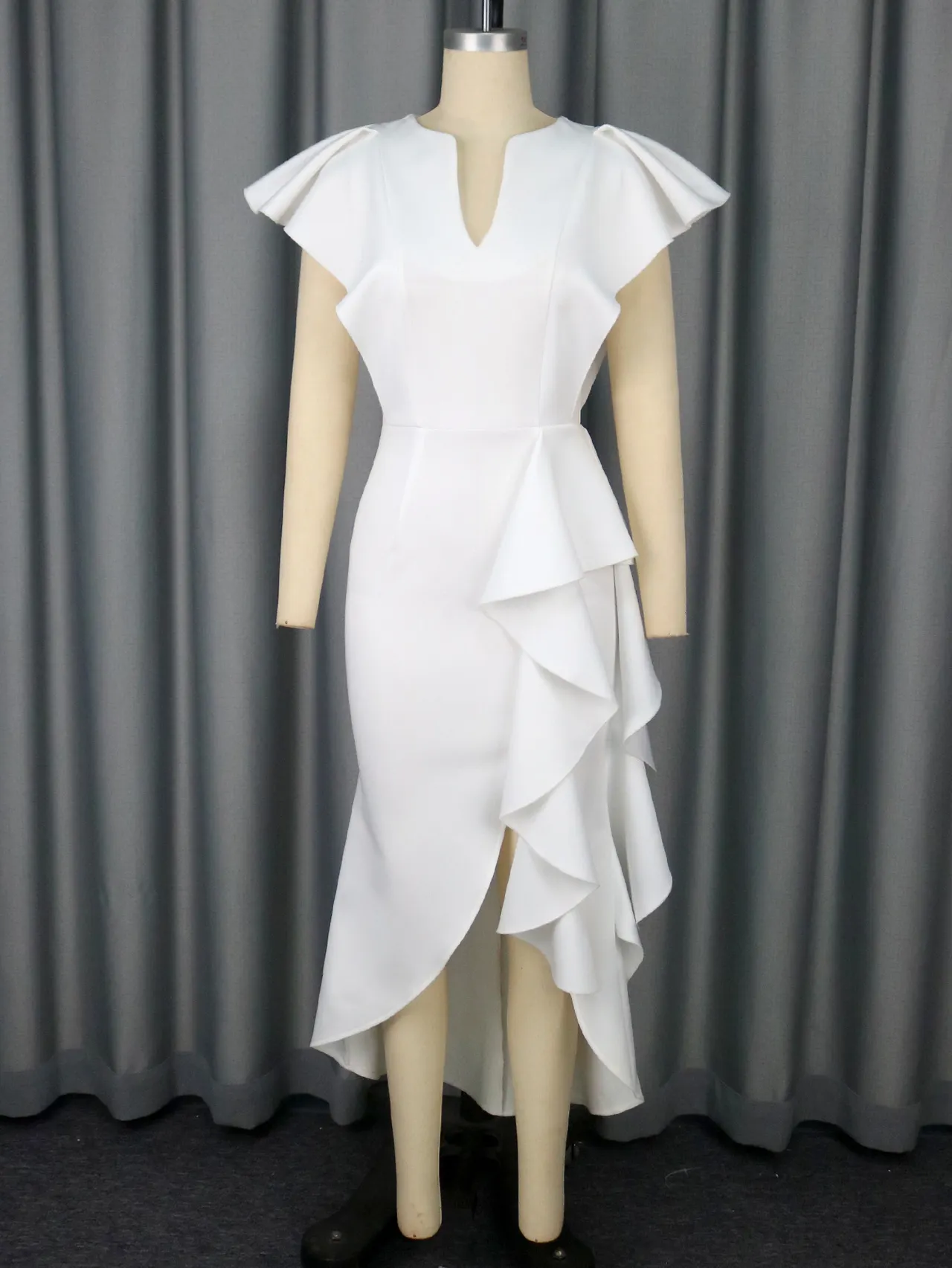 Women's Fashion Elegant V-neck Ruffled Dress - White