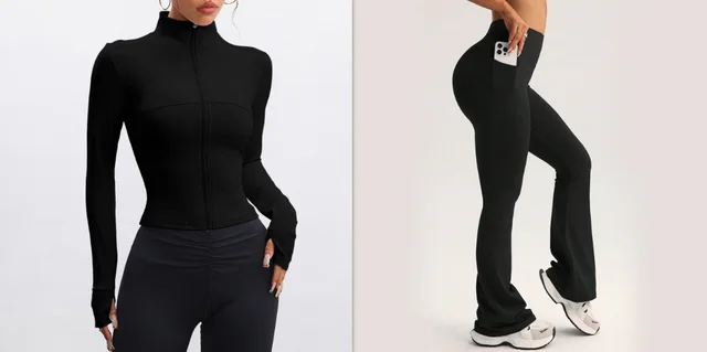 Stand Collar Long sleeve Zipper Jacket High Waist Pocket Wide Leg Pants Suit Black - Shop at LoveMi
