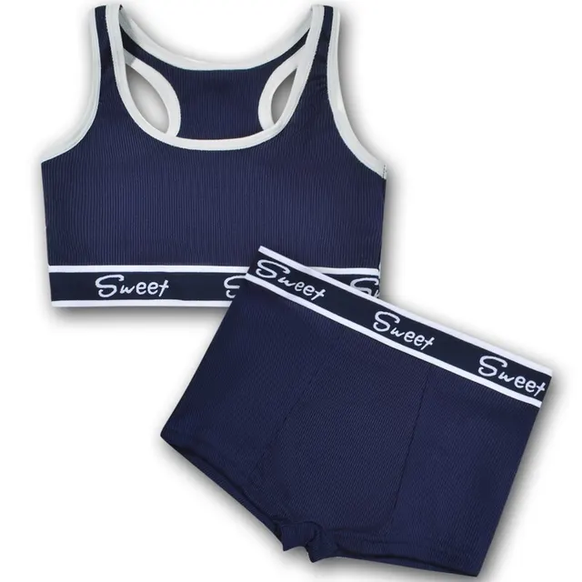Cotton Wide brimmed Letters Mid Waist Girl Sports Underwear Suit Navy Blue - Shop at LoveMi