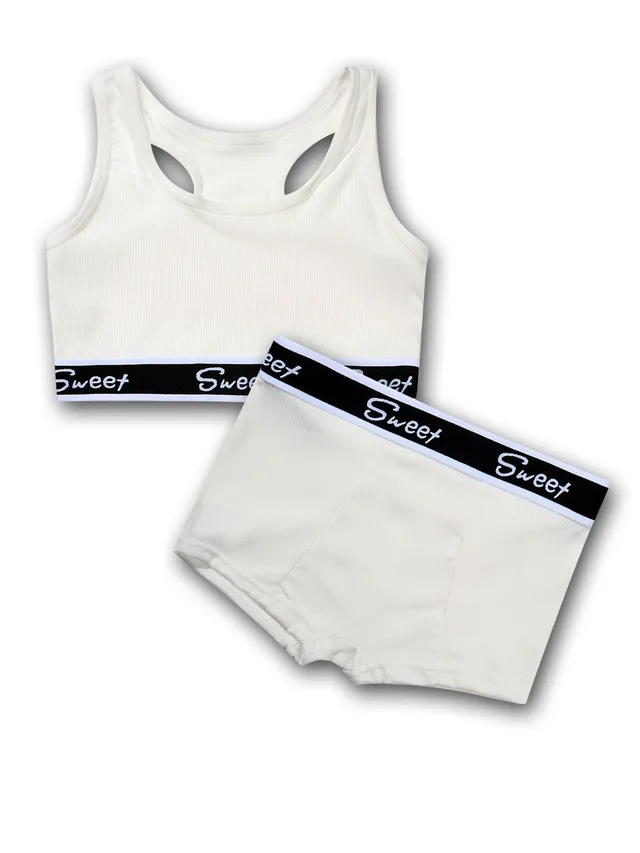 Cotton Wide brimmed Letters Mid Waist Girl Sports Underwear Suit White - Shop at LoveMi
