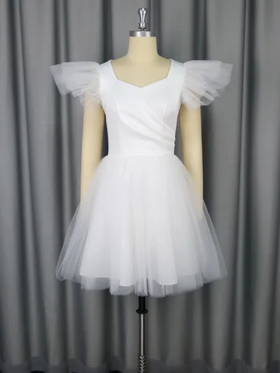 Female Solid Color Wedding V neck Flying Sleeve Dress White - Shop at LoveMi