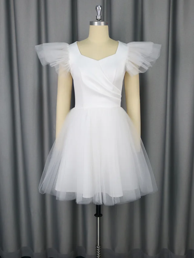 Female Solid Color Wedding V neck Flying Sleeve Dress White - Shop at LoveMi