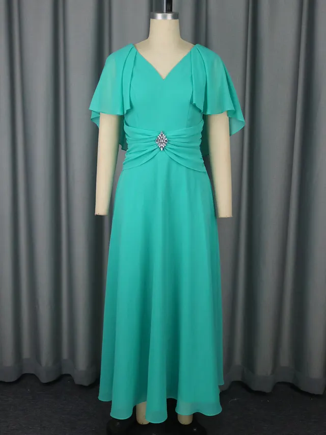 V neck Ruffle Elegant Dress Solid Color High Waist Lake Green - Shop at LoveMi