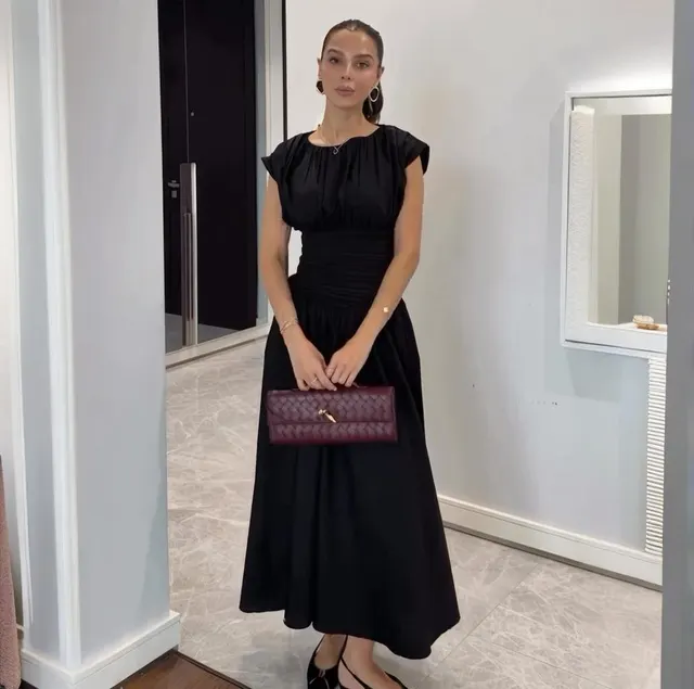 Waist Slimming A Line Pleated Stitching Short Sleeve Mid length Dress Black - Shop at LoveMi